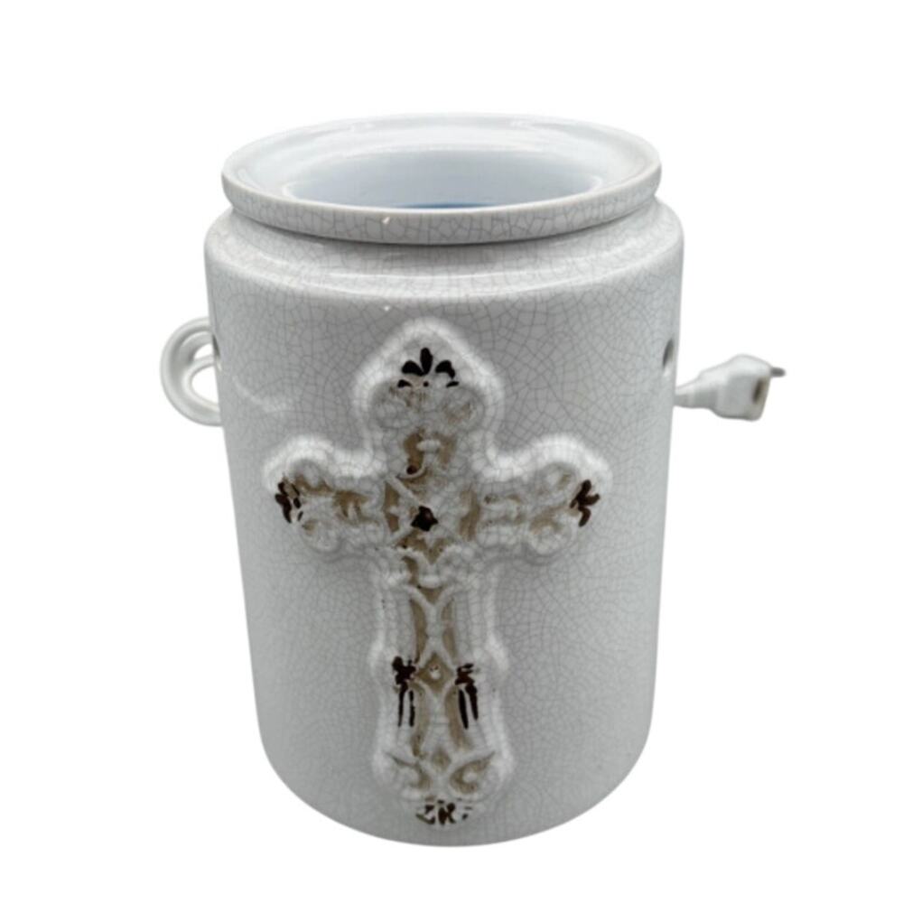 Retired Scentsy Antique Cross Candle Wax Warmer ~ White Crackle ~ Rustic ~
